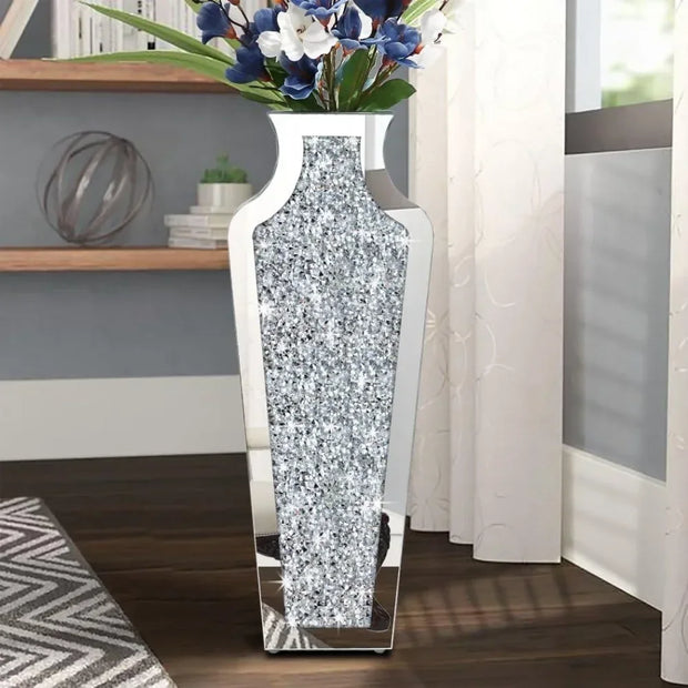 Crystal Silver Glass Decorative Mirror Vase Large Size Luxury Home Décor Vase Crushed Diamond Mirror Vase 27 Inch High Decor