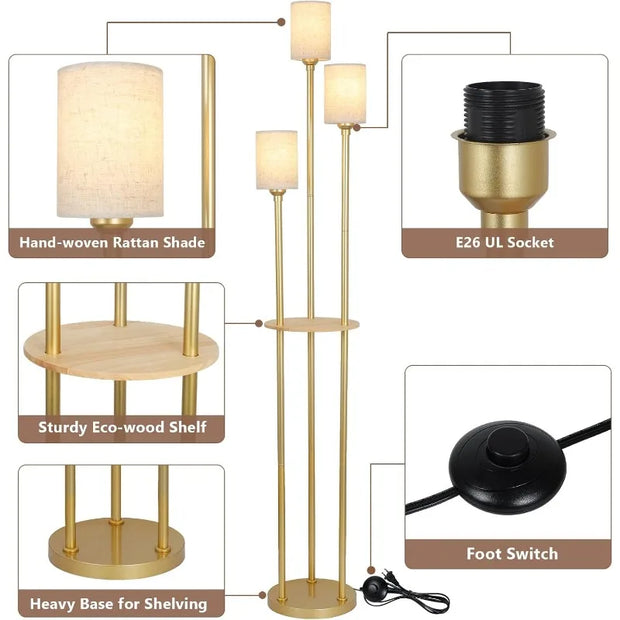 Floor Lamp with Shelves, Modern Floor Lamps for Living Room, 3-Lights Standing Lamp with Linen Shade and Foot Switch, Industrial