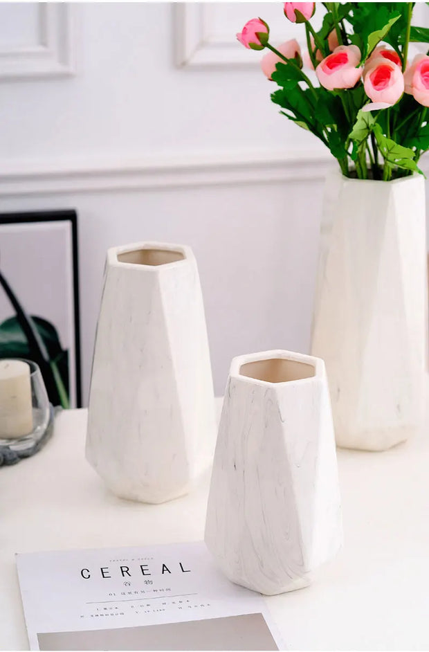 Nordic Ins Minimalist Polygonal Ceramic Vase Pure White Marble Pattern High Quality Handicrafts Home Model Soft Decoration