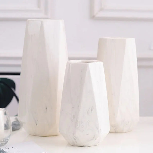 Nordic Ins Minimalist Polygonal Ceramic Vase Pure White Marble Pattern High Quality Handicrafts Home Model Soft Decoration