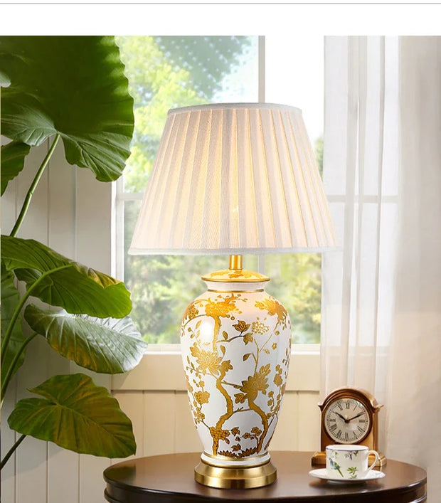 SANDYHA Nordic Classical Ceramic Desk Lamp Bedroom Decoration Home Dining Table Lighting for Living Room Fabric Lampshade