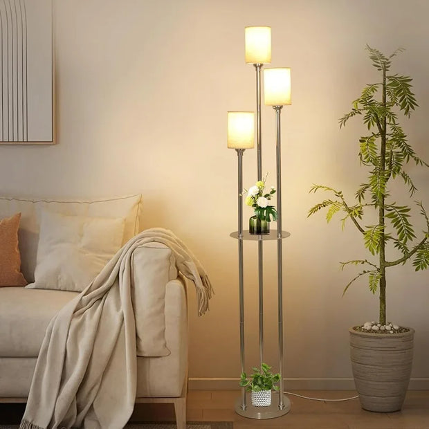 Floor Lamp with Shelves, Modern Floor Lamps for Living Room, 3-Lights Standing Lamp with Linen Shade and Foot Switch, Industrial