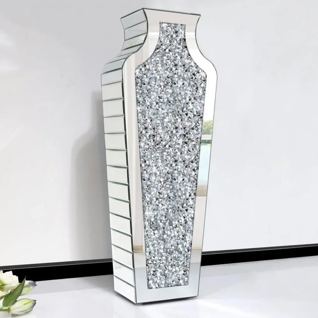 Crystal Silver Glass Decorative Mirror Vase Large Size Luxury Home Décor Vase Crushed Diamond Mirror Vase 27 Inch High Decor