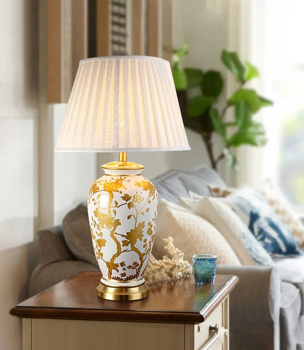 SANDYHA Nordic Classical Ceramic Desk Lamp Bedroom Decoration Home Dining Table Lighting for Living Room Fabric Lampshade