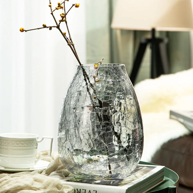 Light luxury handicraft ornaments, ice flower colored glass vase, large transparent glaze ware