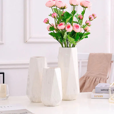 Nordic Ins Minimalist Polygonal Ceramic Vase Pure White Marble Pattern High Quality Handicrafts Home Model Soft Decoration