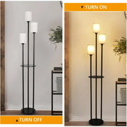 Floor Lamp with Shelves, Modern Floor Lamps for Living Room, 3-Lights Standing Lamp with Linen Shade and Foot Switch, Industrial