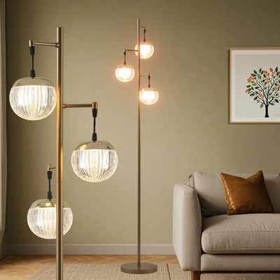 Modern Gold Floor Lamps for Living Room, Mid Century Globe Tree Standing Lamp with 3 Elegant Teardrop Cage Head & LED Bulbs