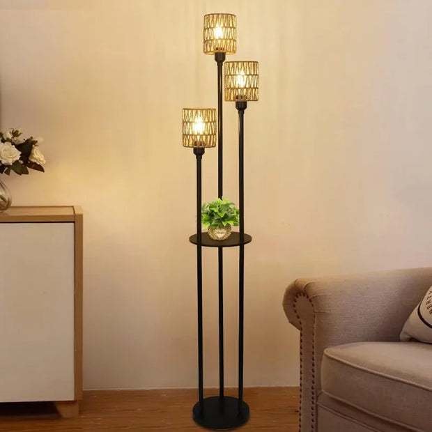 Floor Lamp with Shelves, Modern Floor Lamps for Living Room, 3-Lights Standing Lamp with Linen Shade and Foot Switch, Industrial