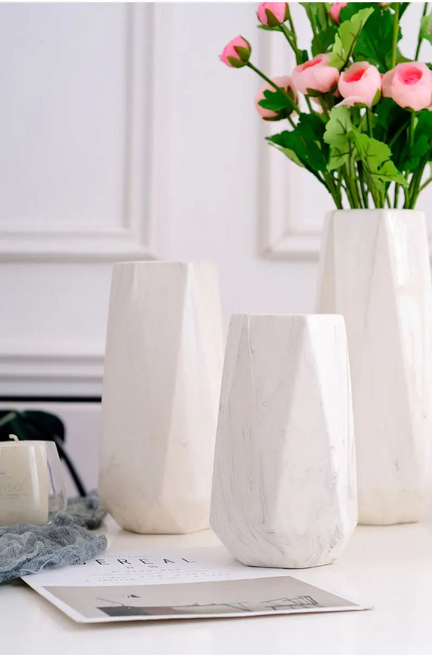 Nordic Ins Minimalist Polygonal Ceramic Vase Pure White Marble Pattern High Quality Handicrafts Home Model Soft Decoration