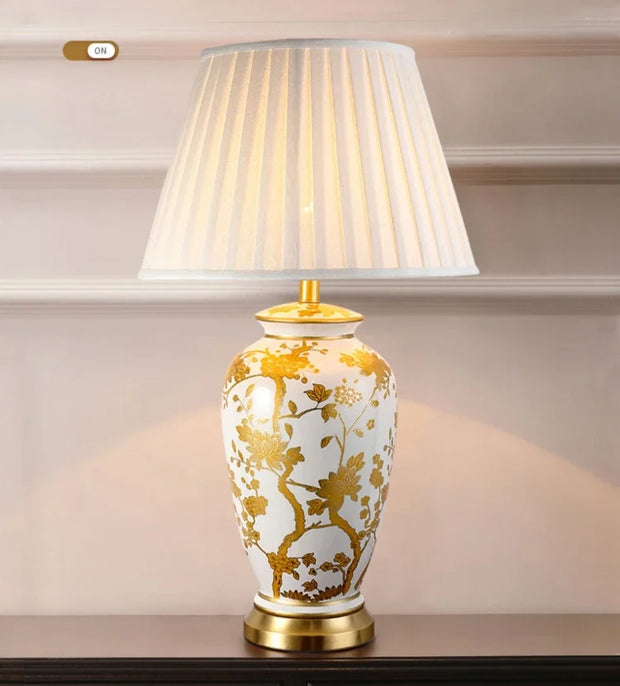 SANDYHA Nordic Classical Ceramic Desk Lamp Bedroom Decoration Home Dining Table Lighting for Living Room Fabric Lampshade