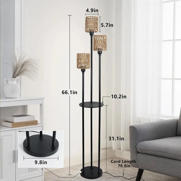 Floor Lamp with Shelves, Modern Floor Lamps for Living Room, 3-Lights Standing Lamp with Linen Shade and Foot Switch, Industrial