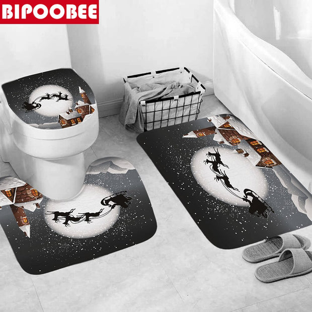 Merry Christmas Bathroom Set Snowman Santa Claus Elk Pattern Waterproof Shower Curtain Toilet Cover Mat Non Slip Rug Home Decor - Synoptic Home Essentials