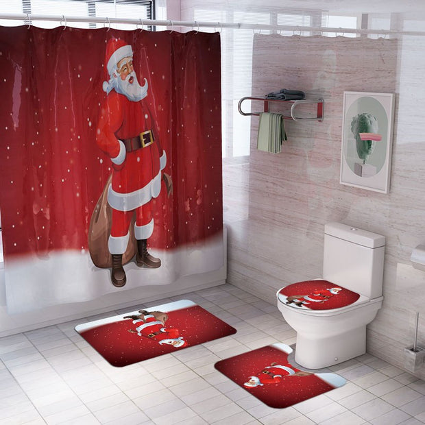 Merry Christmas Bathroom Set Snowman Santa Claus Elk Pattern Waterproof Shower Curtain Toilet Cover Mat Non Slip Rug Home Decor - Synoptic Home Essentials