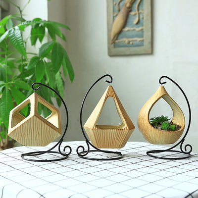 Iron Frame Hanging Basket Micro Landscape Geometric Succulent Flower Pot Iron Art Hook Desktop Home Decoration Ceramic Flowerpot - Synoptic Home Essentials