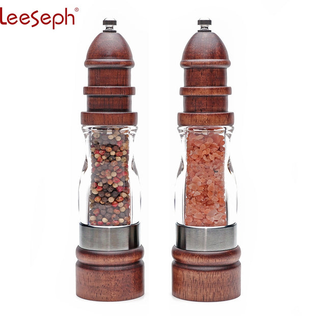 Wooden Salt and Pepper Grinder Set - Wood and Acrylic Mills, Adjustable Coarseness Ceramic Grinder - Synoptic Home Essentials