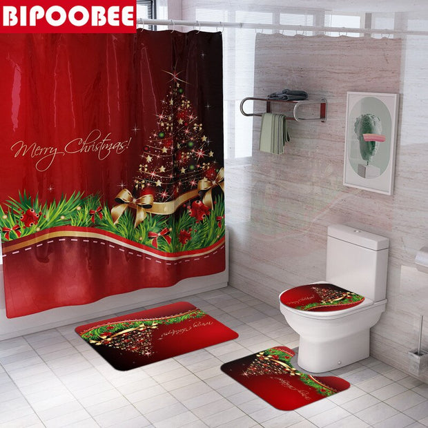 Merry Christmas Bathroom Set Snowman Santa Claus Elk Pattern Waterproof Shower Curtain Toilet Cover Mat Non Slip Rug Home Decor - Synoptic Home Essentials