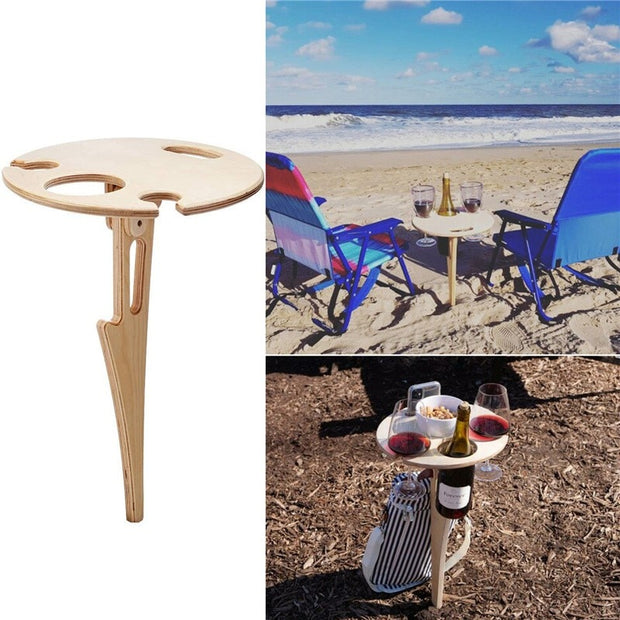 Mini Wooden Picnic Wine Table with Foldable Round Desktop - Synoptic Home Essentials