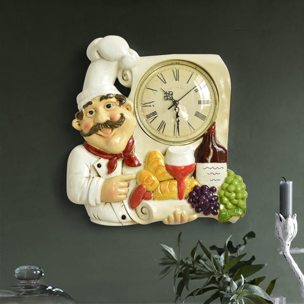 Vintage Wall Clock Home Decoration Resin Chef Statue Watch Mute Quartz Clock for Living Room Kitchen Wall Decor Hanging Clock - Synoptic Home Essentials