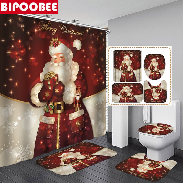 Merry Christmas Bathroom Set Snowman Santa Claus Elk Pattern Waterproof Shower Curtain Toilet Cover Mat Non Slip Rug Home Decor - Synoptic Home Essentials