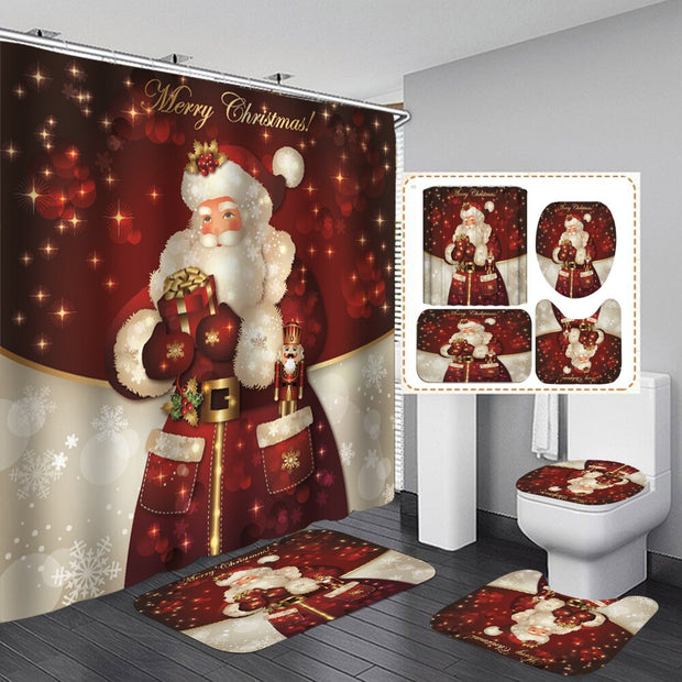 Merry Christmas Bathroom Set Snowman Santa Claus Elk Pattern Waterproof Shower Curtain Toilet Cover Mat Non Slip Rug Home Decor - Synoptic Home Essentials