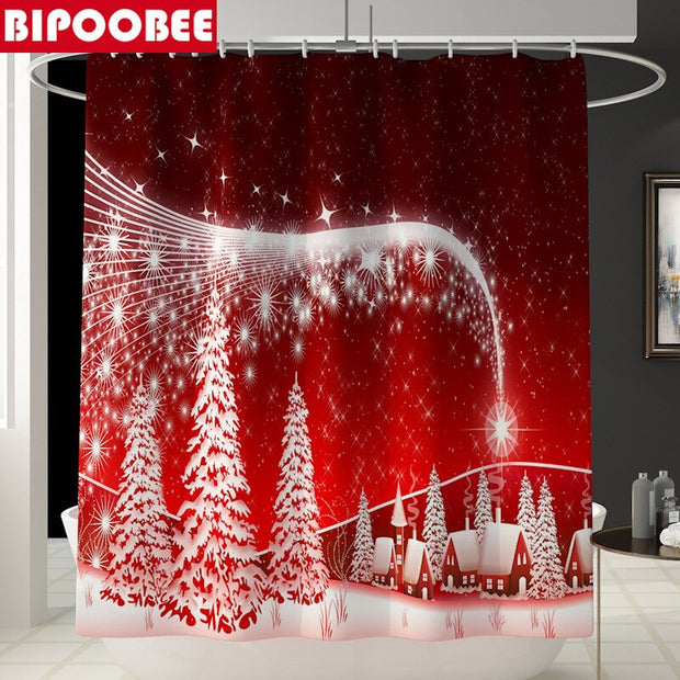 Merry Christmas Bathroom Set Snowman Santa Claus Elk Pattern Waterproof Shower Curtain Toilet Cover Mat Non Slip Rug Home Decor - Synoptic Home Essentials