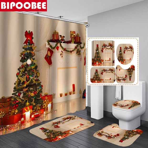 Merry Christmas Bathroom Set Snowman Santa Claus Elk Pattern Waterproof Shower Curtain Toilet Cover Mat Non Slip Rug Home Decor - Synoptic Home Essentials