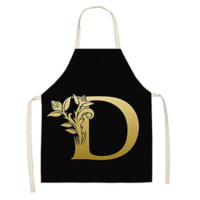 Apron Gold Letter Alphabet Pattern Kitchen Apron For Woman Sleeveless Cotton Linen Aprons Cooking Home Cleaning Tools 5365cm (Color : D, Size : 53x65cm) - Synoptic Home Essentials