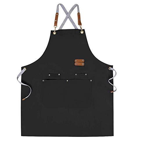 Chef Apron-Cross Back Apron for Men Women with Adjustable Straps and Large Pockets,Canvas,M-XXL ,Black - Synoptic Home Essentials