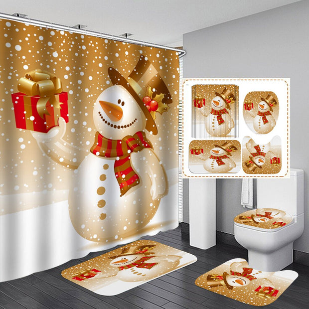 Merry Christmas Bathroom Set Snowman Santa Claus Elk Pattern Waterproof Shower Curtain Toilet Cover Mat Non Slip Rug Home Decor - Synoptic Home Essentials