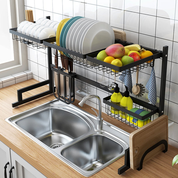 Stainless steel 65 / 85cm black U-shaped kitchen dish rack holder storage - Synoptic Home Essentials