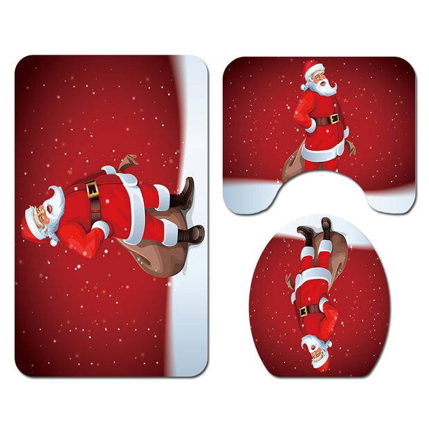 Merry Christmas Bathroom Set Snowman Santa Claus Elk Pattern Waterproof Shower Curtain Toilet Cover Mat Non Slip Rug Home Decor - Synoptic Home Essentials