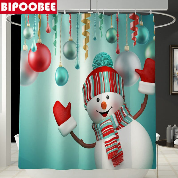 Merry Christmas Bathroom Set Snowman Santa Claus Elk Pattern Waterproof Shower Curtain Toilet Cover Mat Non Slip Rug Home Decor - Synoptic Home Essentials