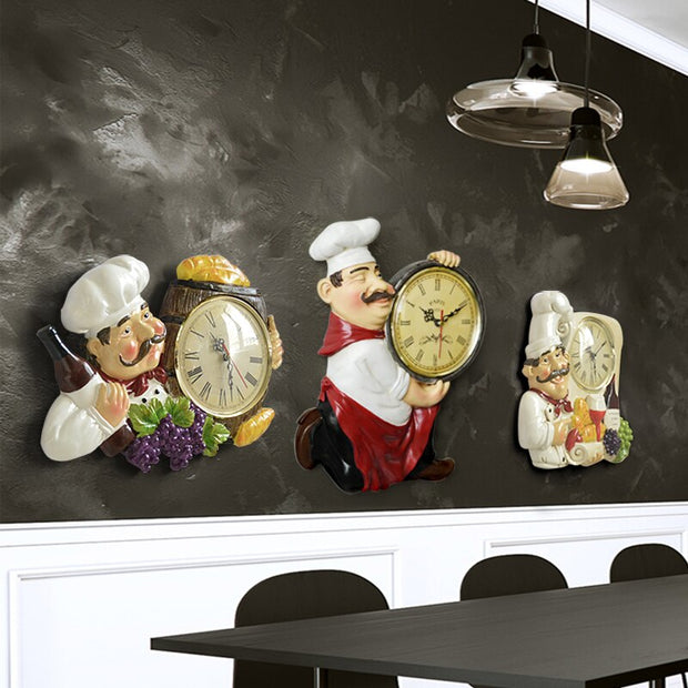 Vintage Wall Clock Home Decoration Resin Chef Statue Watch Mute Quartz Clock for Living Room Kitchen Wall Decor Hanging Clock - Synoptic Home Essentials