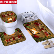 Merry Christmas Bathroom Set Snowman Santa Claus Elk Pattern Waterproof Shower Curtain Toilet Cover Mat Non Slip Rug Home Decor - Synoptic Home Essentials