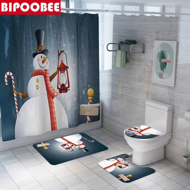 Merry Christmas Bathroom Set Snowman Santa Claus Elk Pattern Waterproof Shower Curtain Toilet Cover Mat Non Slip Rug Home Decor - Synoptic Home Essentials