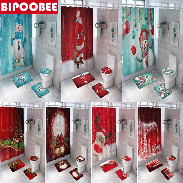 Merry Christmas Bathroom Set Snowman Santa Claus Elk Pattern Waterproof Shower Curtain Toilet Cover Mat Non Slip Rug Home Decor - Synoptic Home Essentials