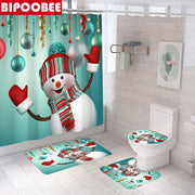 Merry Christmas Bathroom Set Snowman Santa Claus Elk Pattern Waterproof Shower Curtain Toilet Cover Mat Non Slip Rug Home Decor - Synoptic Home Essentials