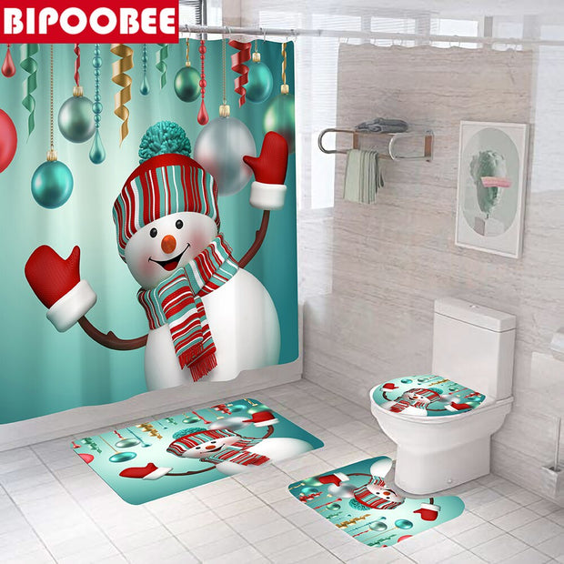 Merry Christmas Bathroom Set Snowman Santa Claus Elk Pattern Waterproof Shower Curtain Toilet Cover Mat Non Slip Rug Home Decor - Synoptic Home Essentials