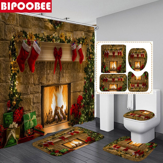 Merry Christmas Bathroom Set Snowman Santa Claus Elk Pattern Waterproof Shower Curtain Toilet Cover Mat Non Slip Rug Home Decor - Synoptic Home Essentials