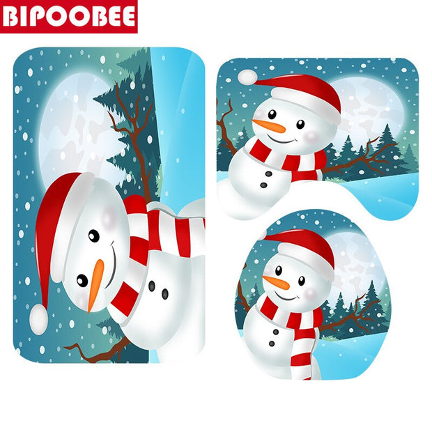 Merry Christmas Bathroom Set Snowman Santa Claus Elk Pattern Waterproof Shower Curtain Toilet Cover Mat Non Slip Rug Home Decor - Synoptic Home Essentials