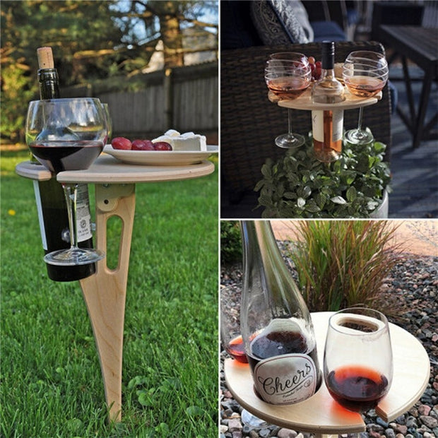 Mini Wooden Picnic Wine Table with Foldable Round Desktop - Synoptic Home Essentials