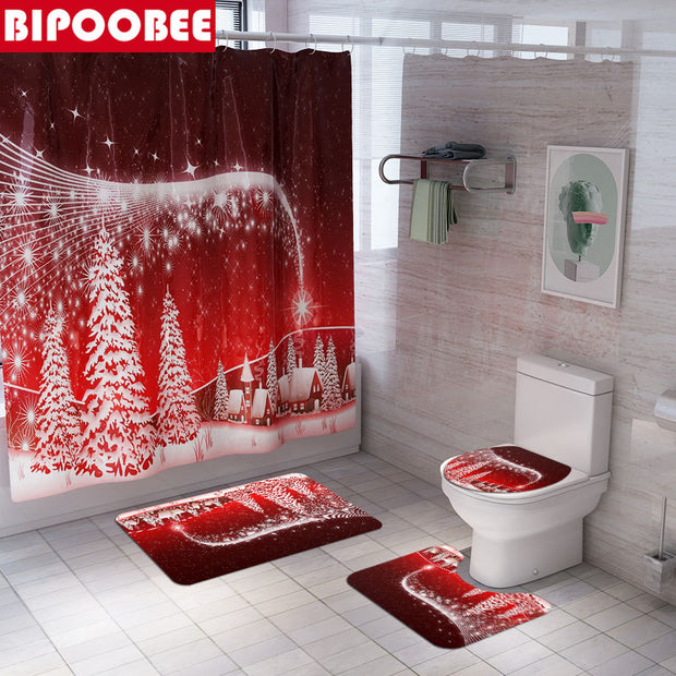 Merry Christmas Bathroom Set Snowman Santa Claus Elk Pattern Waterproof Shower Curtain Toilet Cover Mat Non Slip Rug Home Decor - Synoptic Home Essentials