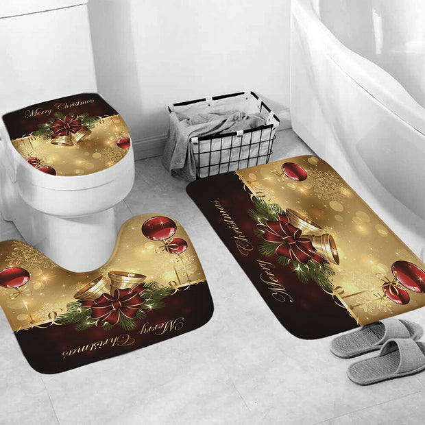 Merry Christmas Bathroom Set Snowman Santa Claus Elk Pattern Waterproof Shower Curtain Toilet Cover Mat Non Slip Rug Home Decor - Synoptic Home Essentials