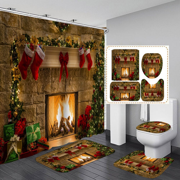 Merry Christmas Bathroom Set Snowman Santa Claus Elk Pattern Waterproof Shower Curtain Toilet Cover Mat Non Slip Rug Home Decor - Synoptic Home Essentials