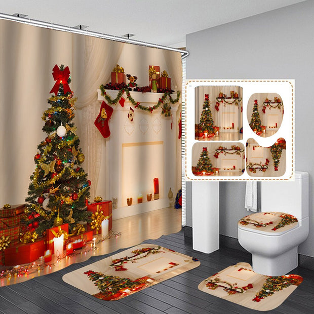 Merry Christmas Bathroom Set Snowman Santa Claus Elk Pattern Waterproof Shower Curtain Toilet Cover Mat Non Slip Rug Home Decor - Synoptic Home Essentials