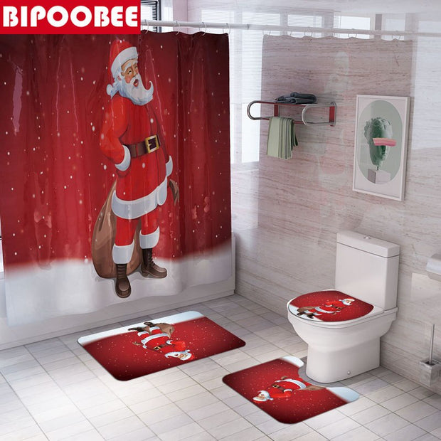 Merry Christmas Bathroom Set Snowman Santa Claus Elk Pattern Waterproof Shower Curtain Toilet Cover Mat Non Slip Rug Home Decor - Synoptic Home Essentials