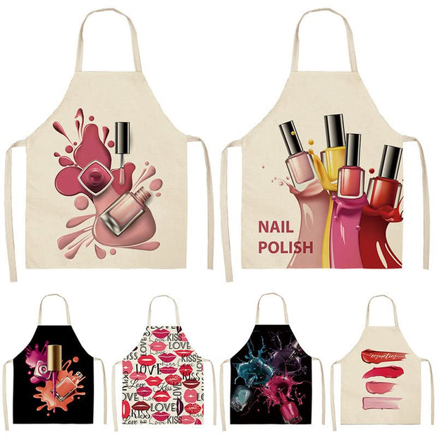 Nail Polish Lipstick Beauty Kitchen Women Apron Household Cleaning Cotton Linen Pinafore Salon Home Cooking Baking Adult BIb A8 68x55cm - Synoptic Home Essentials