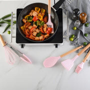 Pink Cooking Kitchenware Tool Silicone Utensils With Wooden Multifunction Handle Non-Stick Spatula Ladle Egg Beaters Shovel - Synoptic Home Essentials