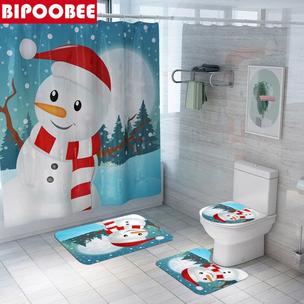 Merry Christmas Bathroom Set Snowman Santa Claus Elk Pattern Waterproof Shower Curtain Toilet Cover Mat Non Slip Rug Home Decor - Synoptic Home Essentials